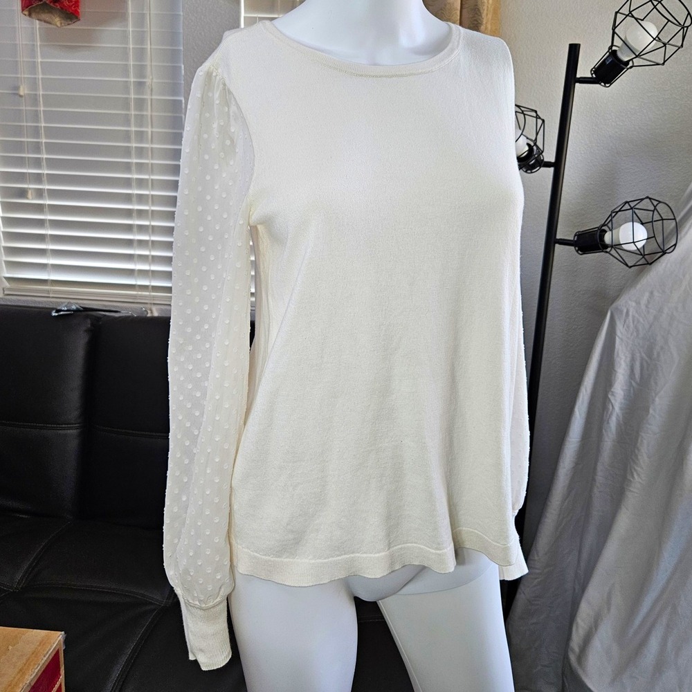 LOFT Outlet Women's White Knit Swiss Dot Puff Sleeve Pullover Top Size S